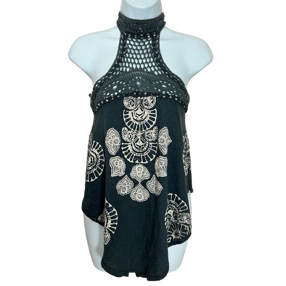 Free People Mandolin Crochet Boho Blouse Sz XS Gray High Neck Tank Top Linen - Picture 7 of 10